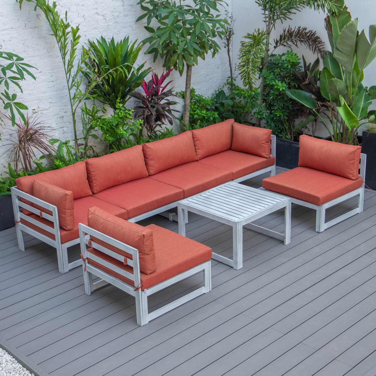 CSTWGR-7OR Chelsea Patio Sectional & Coffee Table Set for Weathered Grey Aluminum with Cushions, Orange - 7 Piece -  LeisureMod