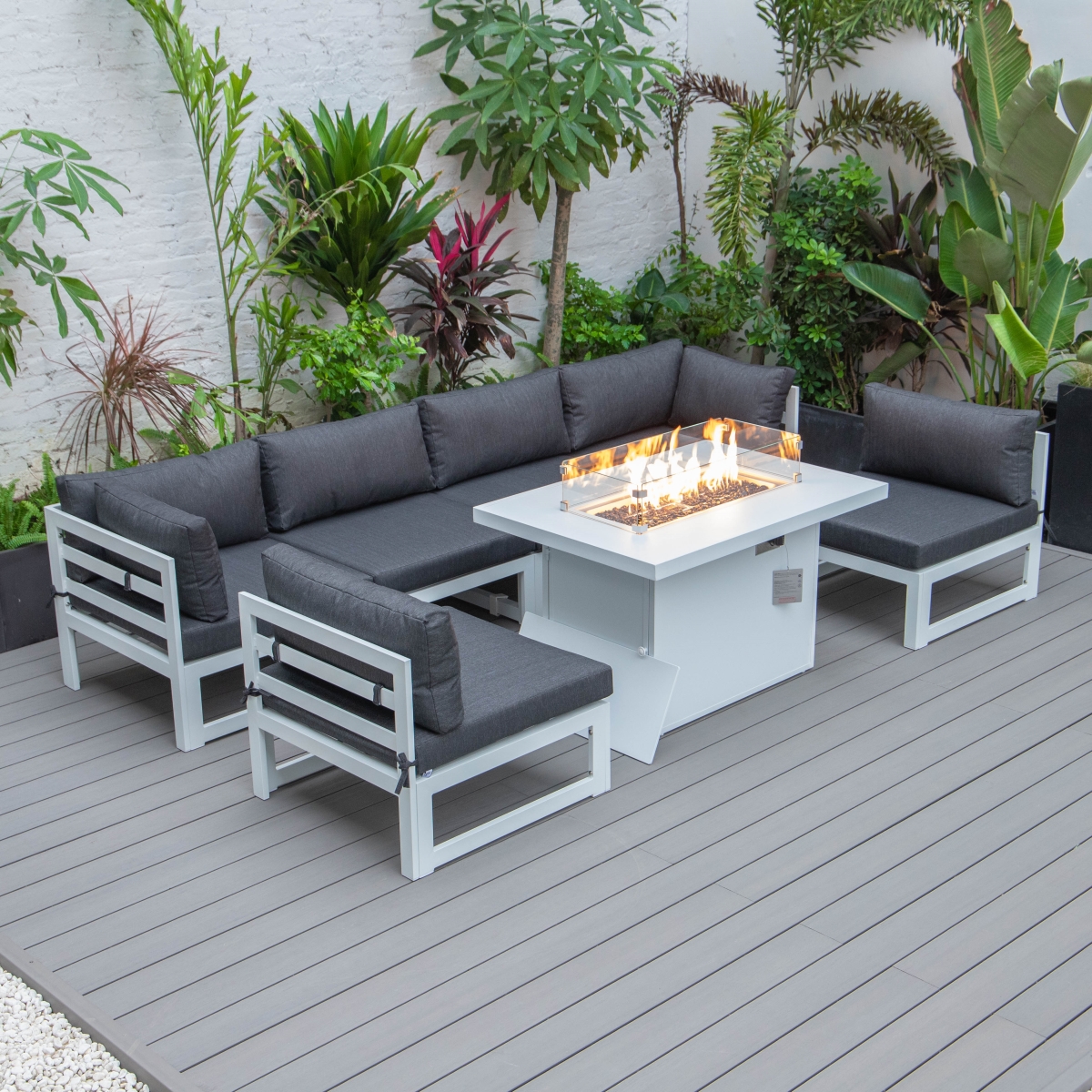 CSFW-7BL 24.8 x 113.62 x 58.98 in. Chelsea Patio Aluminum Sectional & Fire Pit Table with Cushion, Black & White - 7 Piece -  LeisureMod