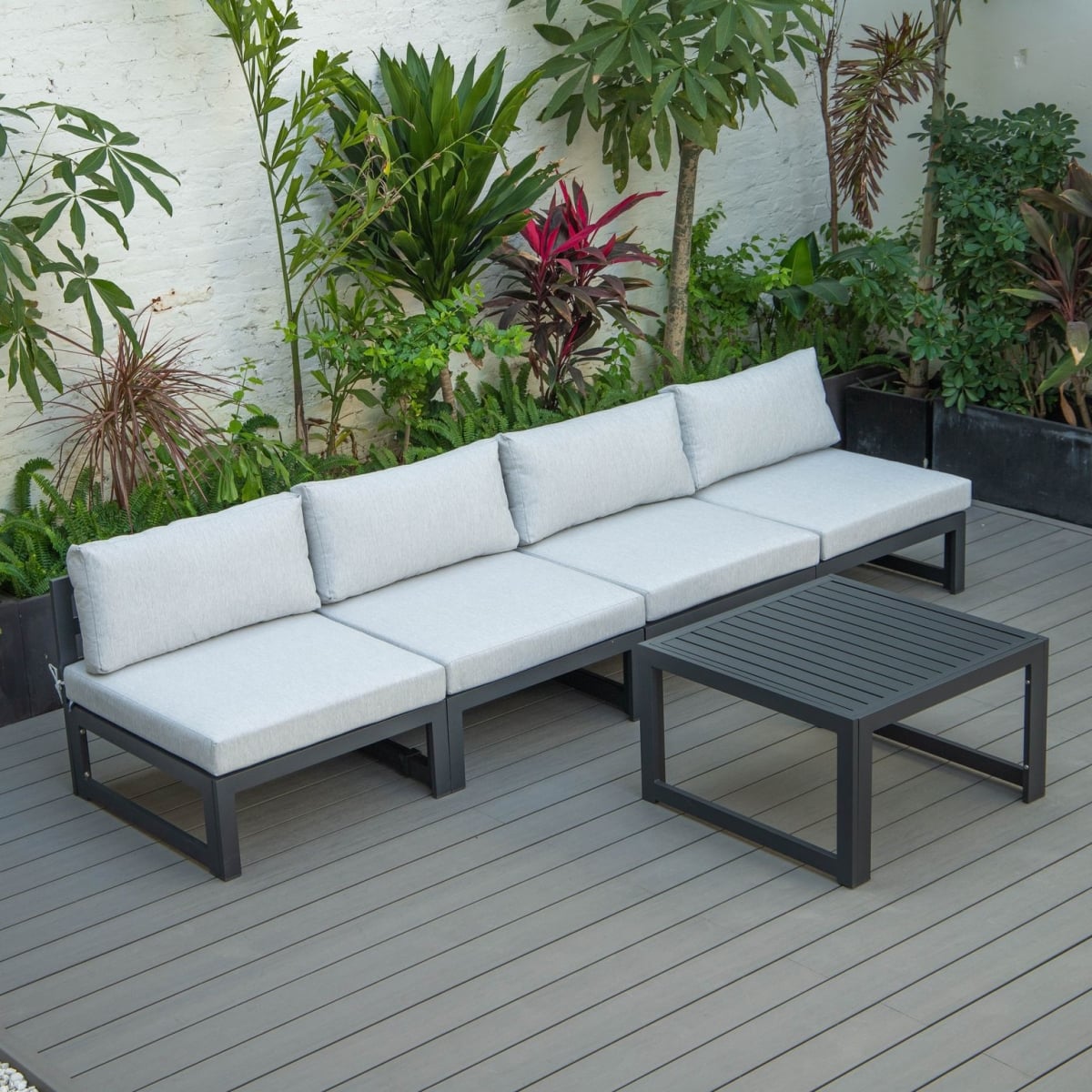 CSTBL-4LGR Chelsea Middle Patio Chairs & Coffee Table Set with Cushions, Light Gray & Black - 5 Piece