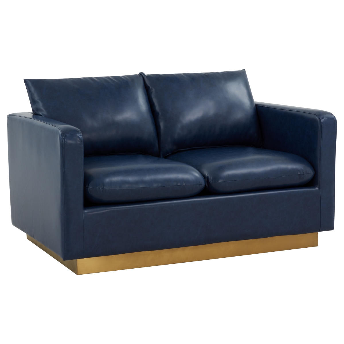 NS55BU-L Nervo Modern Mid-Century Upholstered Leather Loveseat with Gold Frame, Navy Blue