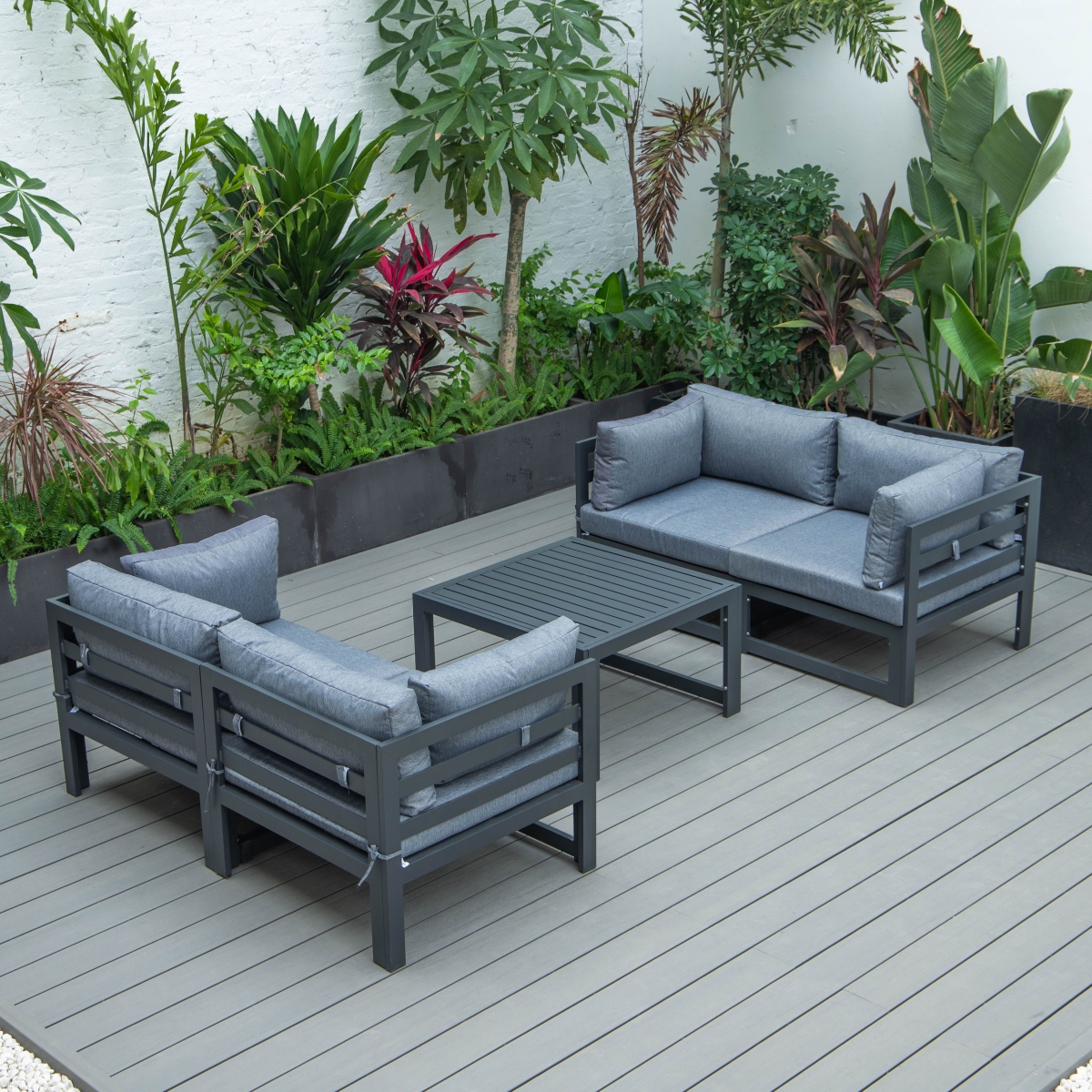 CSTCBL-4BU Chelsea Black Aluminum Sectional Loveseat & Coffee Table Set with Cushions, Blue - 5 Piece