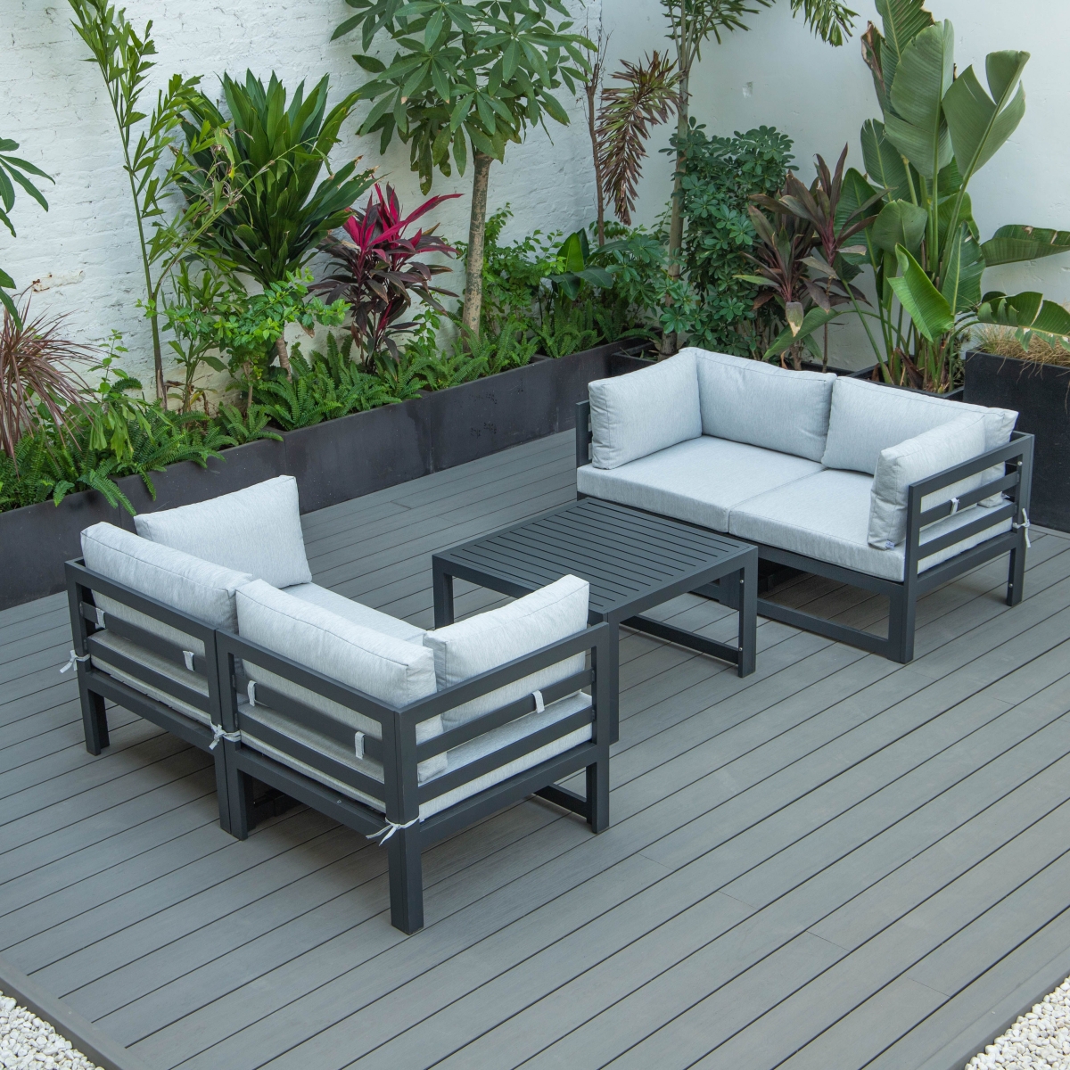 CSTCBL-4LGR Chelsea Black Aluminum Sectional Loveseat & Coffee Table Set with Cushions, Light Grey - 5 Piece