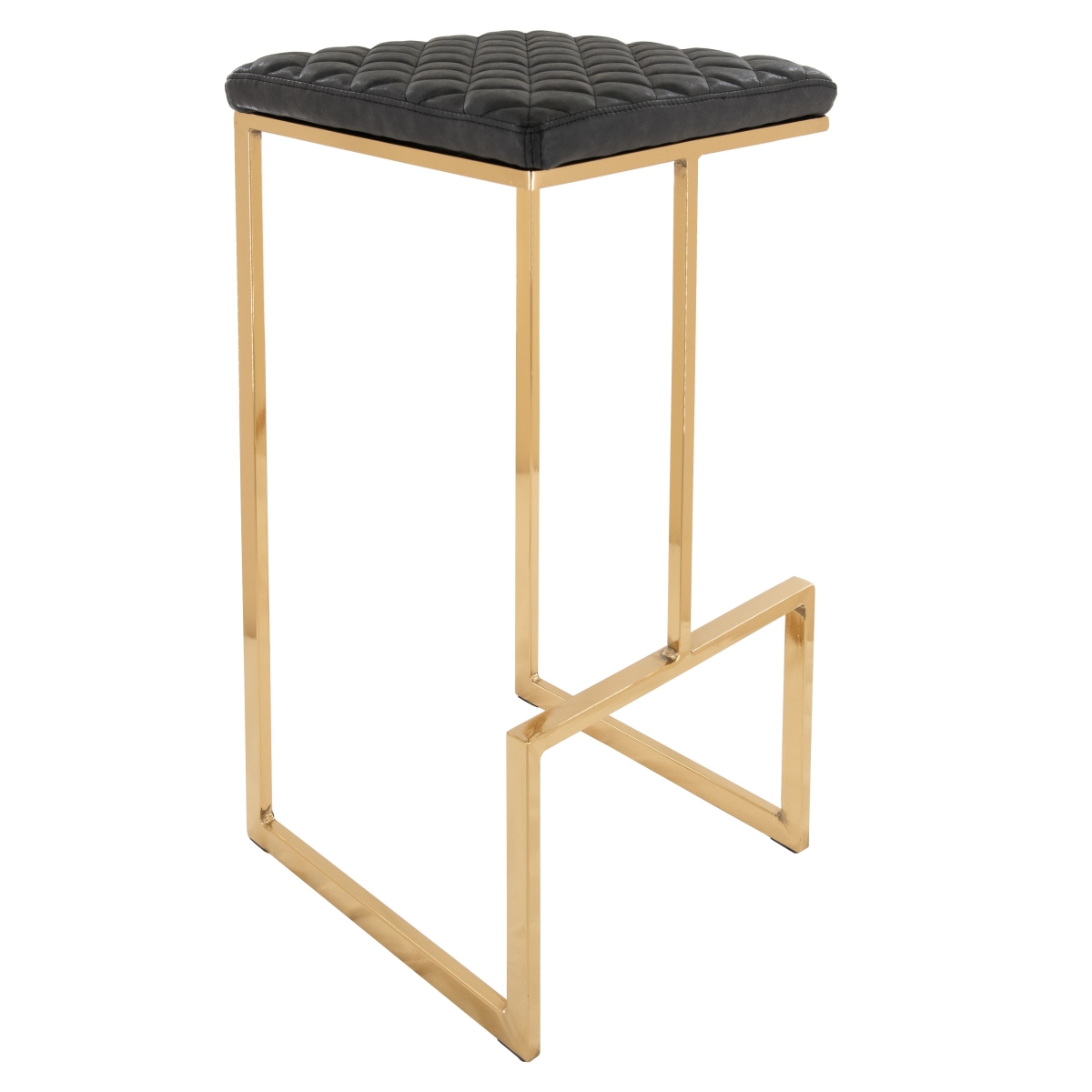 LeisureMod - Quincy Modern Quilted Leather Bar Stool with Gold Metal Frame Counter Height Chair for Kitchen and Counter Seating - Charcoal Black
