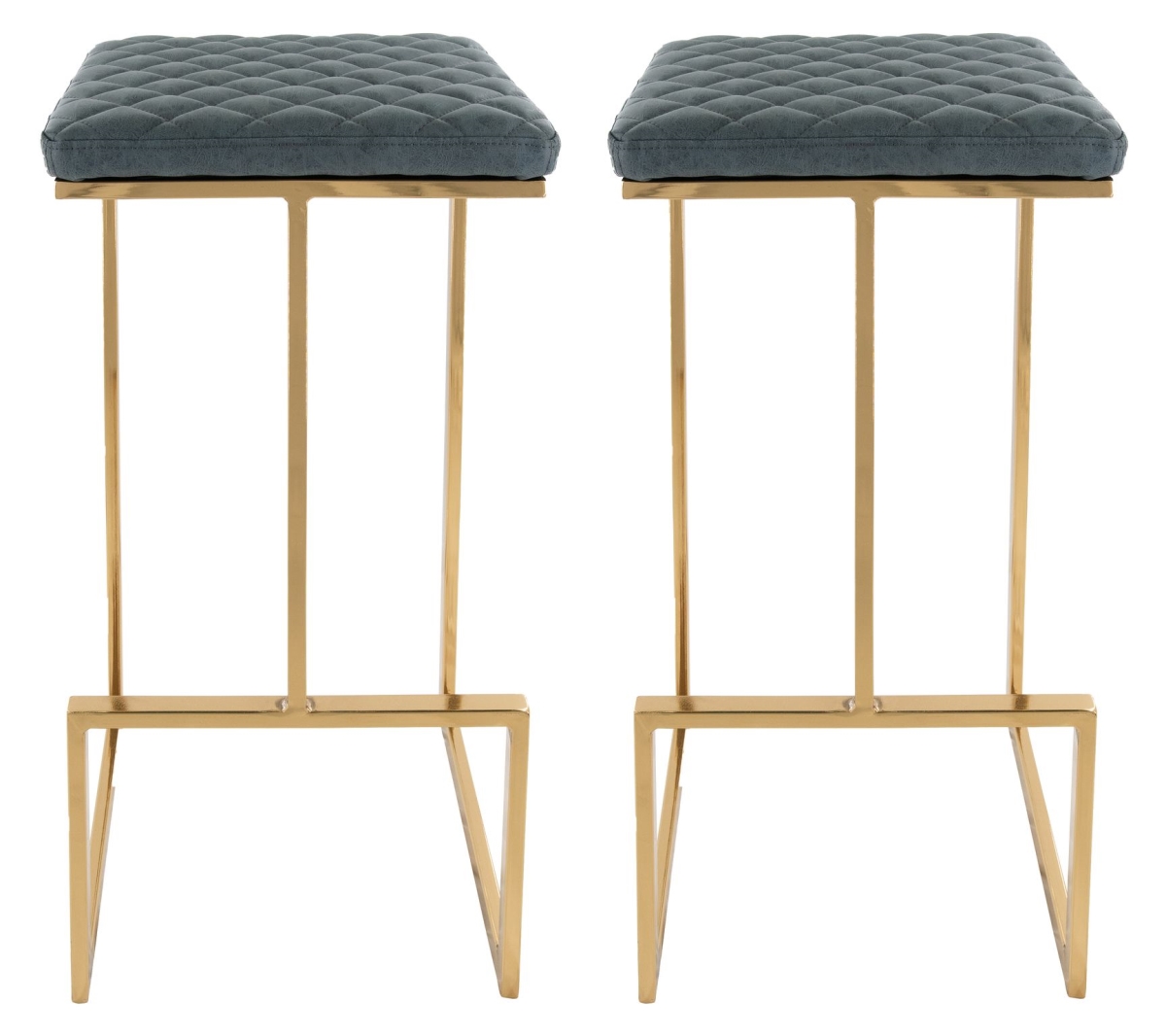 Quincy Leather Bar Stools with Gold Metal Frame, Peacock Blue - Set of 2