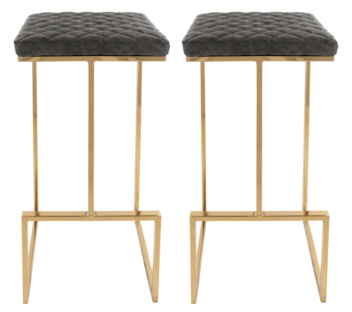 Quincy Leather Bar Stools with Gold Metal Frame, Grey - Set of 2