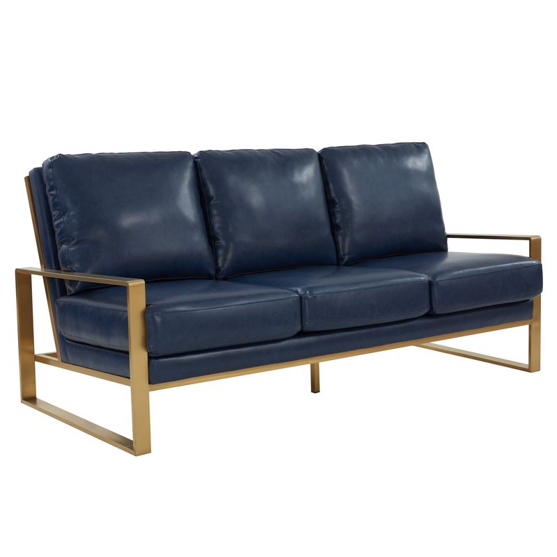 Picture of LeisureMod JAG77NBU-L Jefferson Modern Design Leather Sofa with Gold Frame&#44; Navy Blue