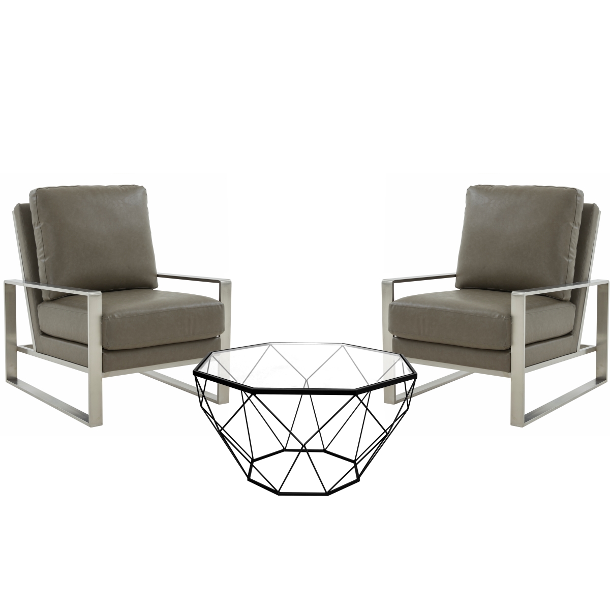 JAS29MD31GR2-L 35.43 x 29.2 x 35.82 in. Jefferson Leather Armchair with Silver Frame & Large Octagon Coffee Table with Geometric Base, Grey -  LeisureMod