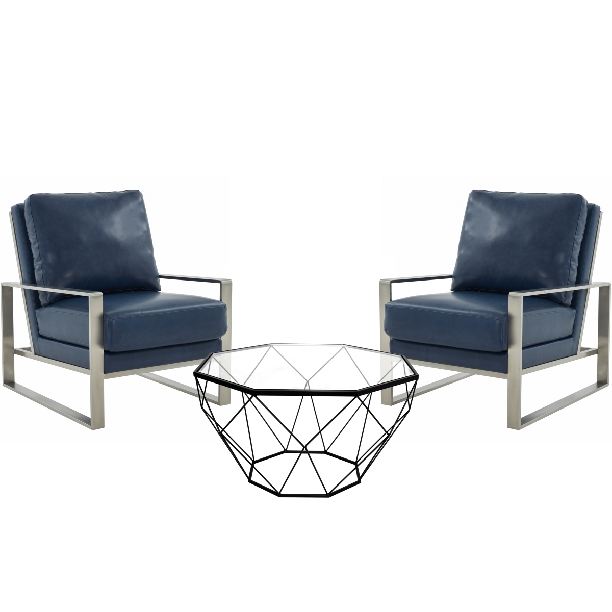 JAS29MD31NBU2-L 35.43 x 29.2 x 35.82 in. Jefferson Leather Armchair with Silver Frame & Large Octagon Coffee Table with Geometric Base, Navy Blue -  LeisureMod