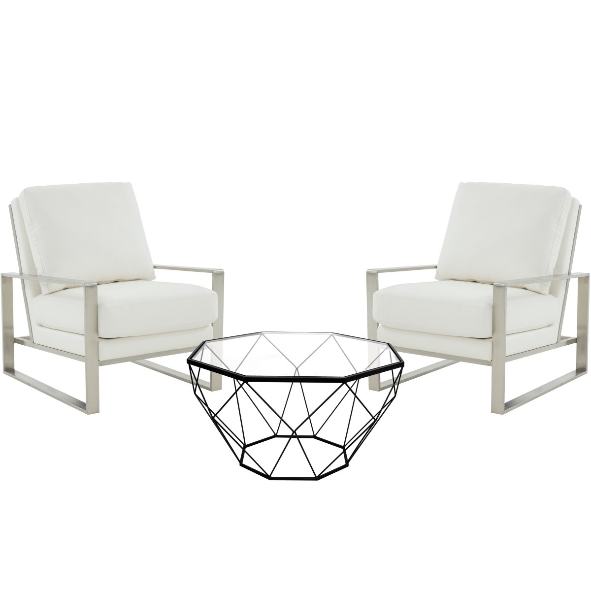 JAS29MD31W2-L 35.43 x 29.2 x 35.82 in. Jefferson Leather Armchair with Silver Frame & Large Octagon Coffee Table with Geometric Base, White -  LeisureMod