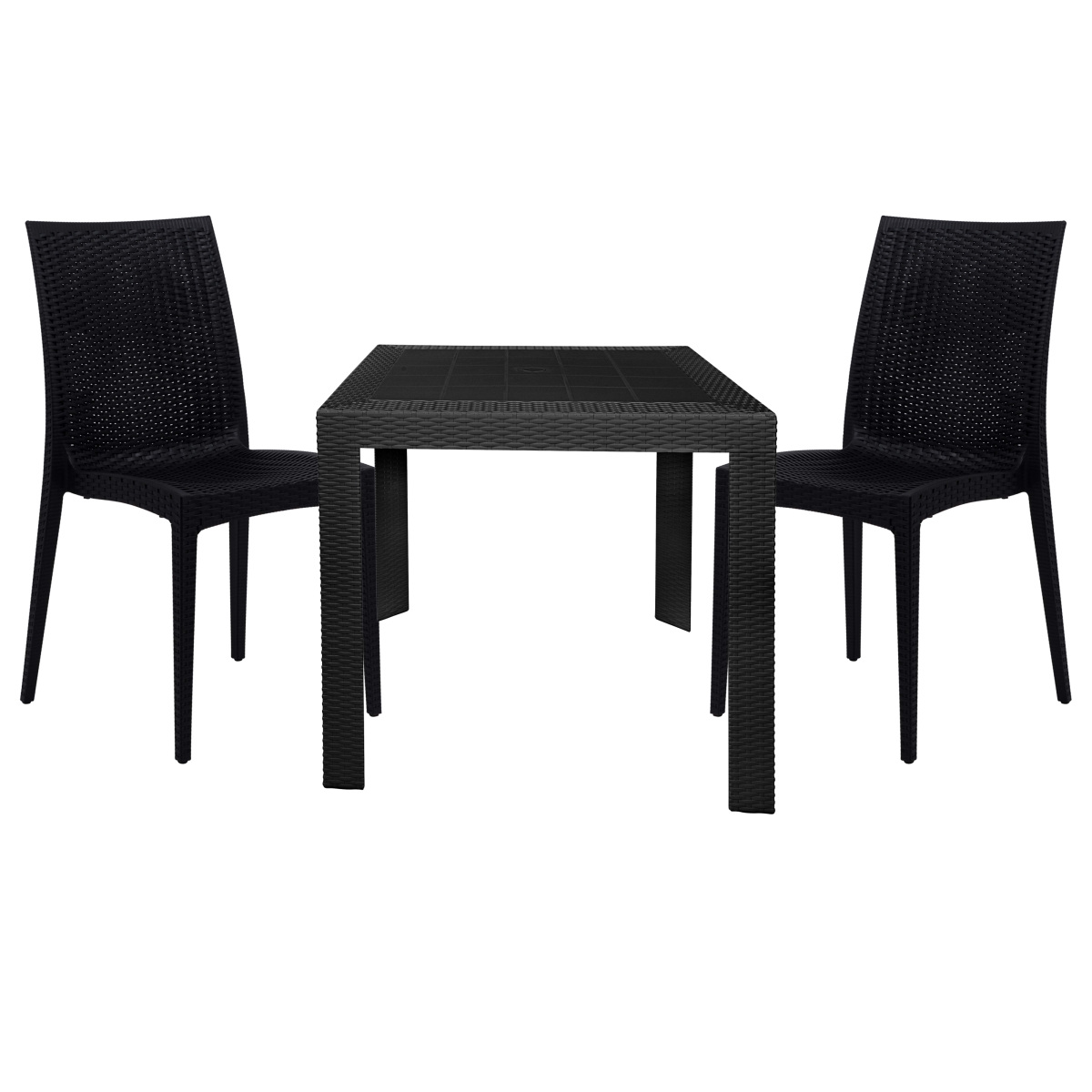 MT31C19BL2 28 x 31 x 31 in. Mace 3 Piece Outdoor Dining Set with Plastic Square Table & 2 Stackable Chair with Weave Design, Black -  LeisureMod