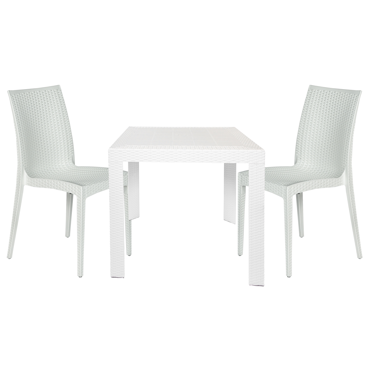 MT31C19WH2 28 x 31 x 31 in. Mace 3 Piece Outdoor Dining Set with Plastic Square Table & 2 Stackable Chair with Weave Design, White -  LeisureMod