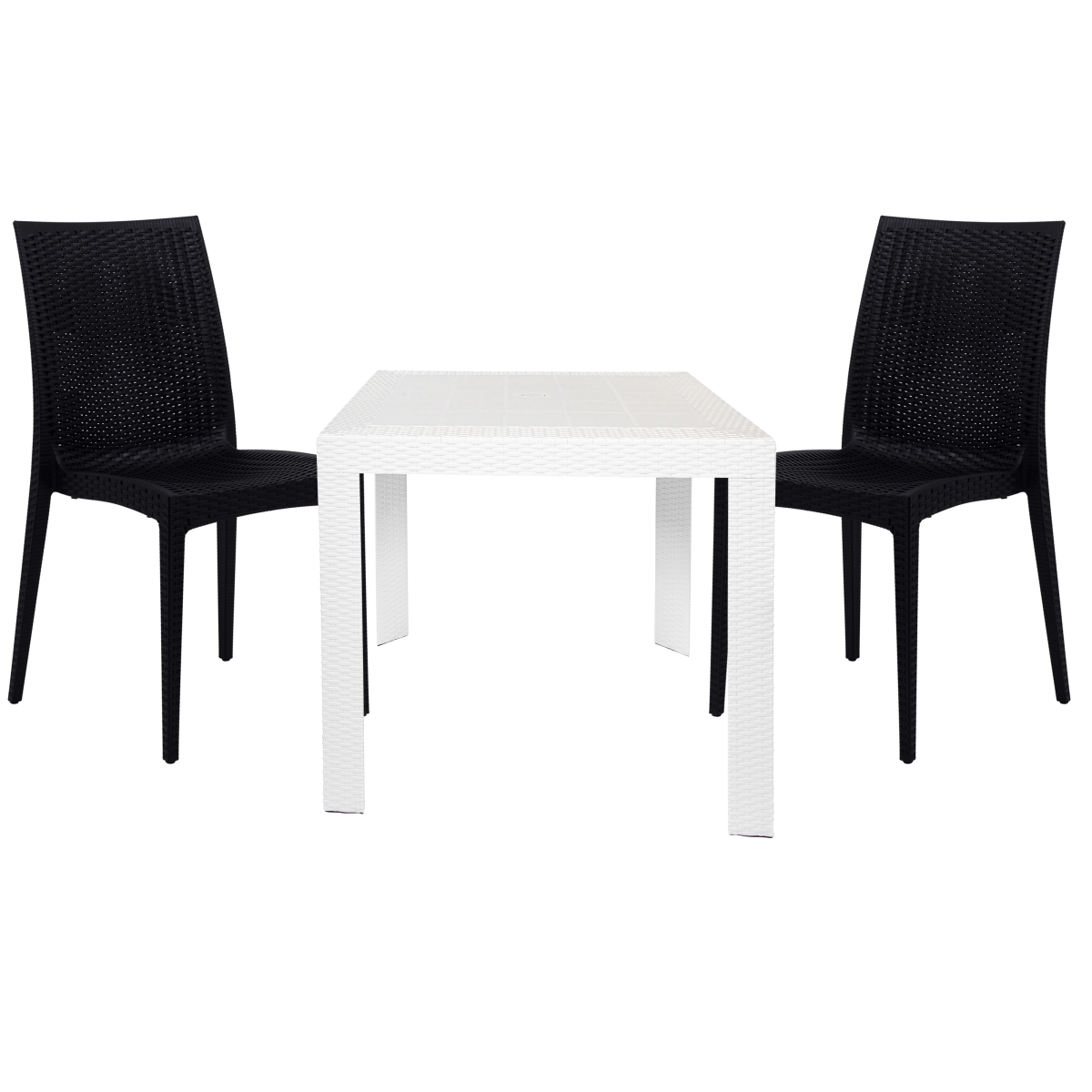 MT31WC19BL2 28 x 31 x 31 in. Mace 3 Piece Outdoor Dining Set with Plastic Square Table & 2 Stackable Chair with Weave Design, White & Black -  LeisureMod