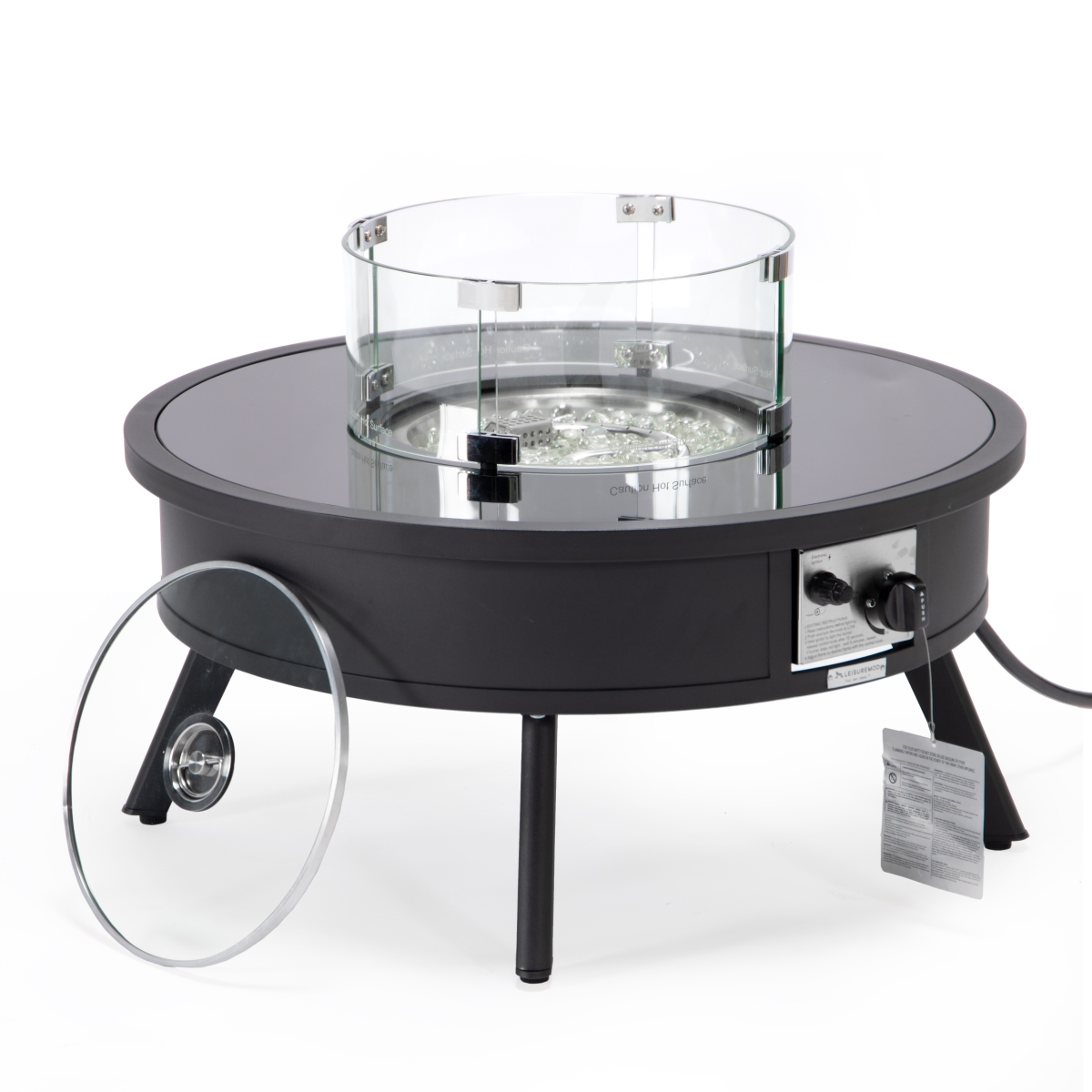 WBL-29-GL 20 x 29 x 29 in. Walbrooke Outdoor Patio Aluminum Round Fire Pit Side Table with Lid & Fire Glass, Black -  LeisureMod