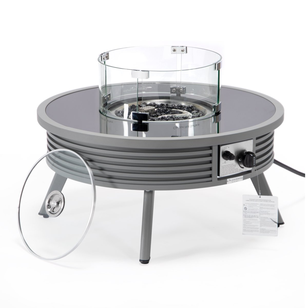 WGRS-29-GL 20 x 29 x 29 in. Walbrooke Outdoor Patio Aluminum Round Slats Design Fire Pit Side Table with Lid & Fire Glass, Grey -  LeisureMod