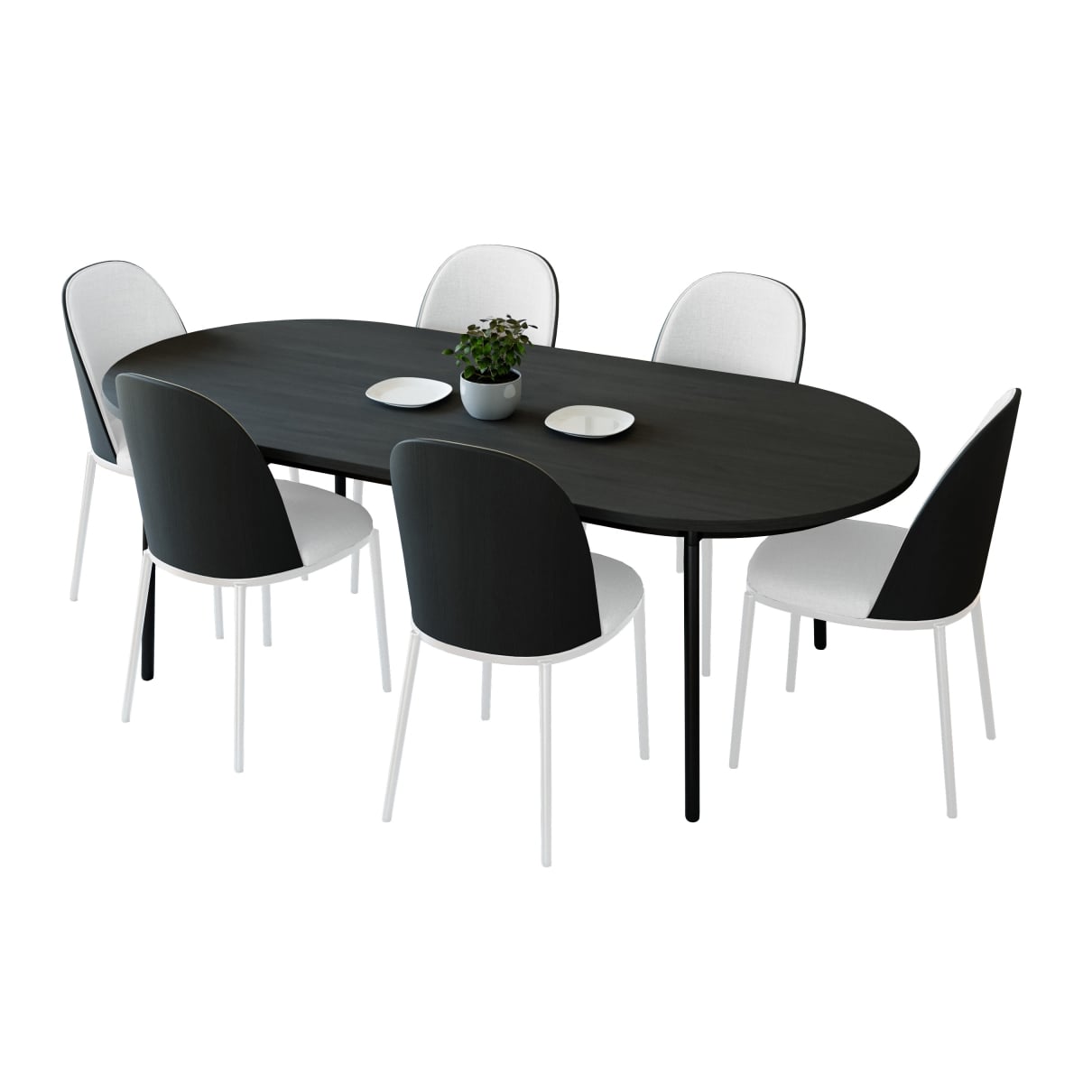 Tule Dining Set in White Steel Frame with 6 Upholstered Seat Dining Chairs & 71 in. Oval Dining Table with MDF Tabletop, Black & White - 7 Piece