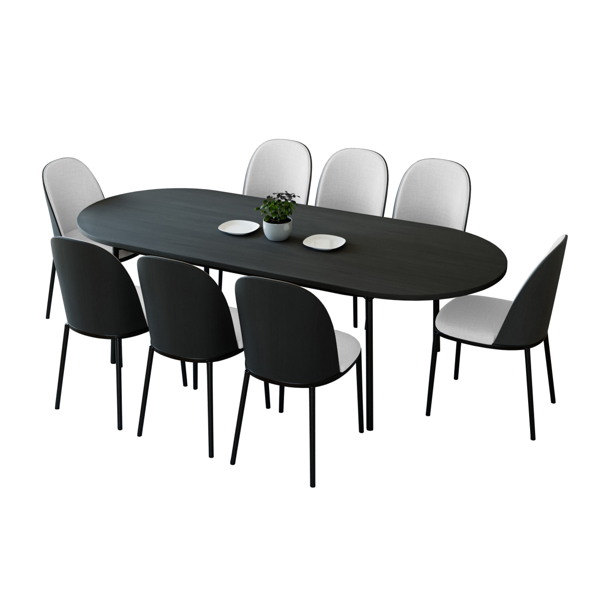 Tule Dining Set in Steel Frame with 8 Upholstered Seat Dining Chairs & 83 in. Oval Dining Table with MDF Tabletop, Black & White - 9 Piece