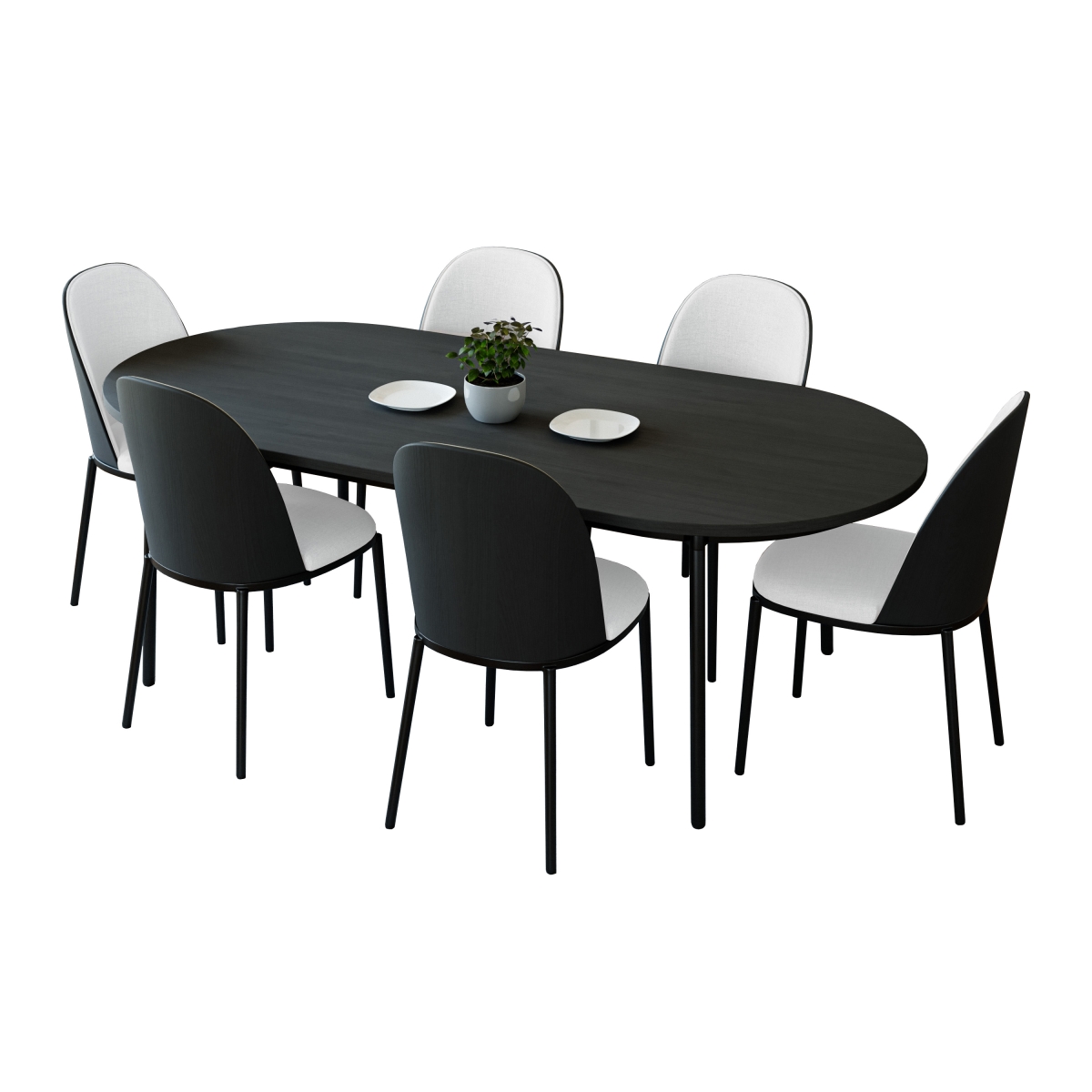 Tule Dining Set in Steel Frame with 6 Upholstered Seat Dining Chairs & 71 in. Oval Dining Table with MDF Tabletop, Black & White - 7 Piece