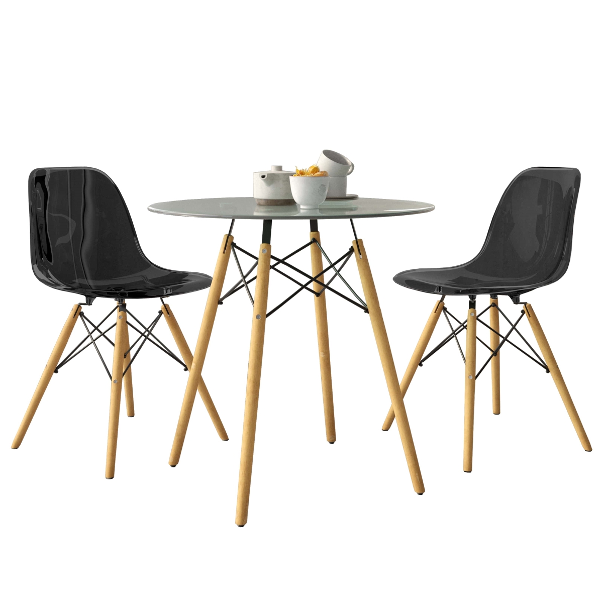 EP31CL-EP19BL2 3 Piece Dover Dining Set with Round Clear Glass Top Bistro Table & 2 Plastic Chairs, Black