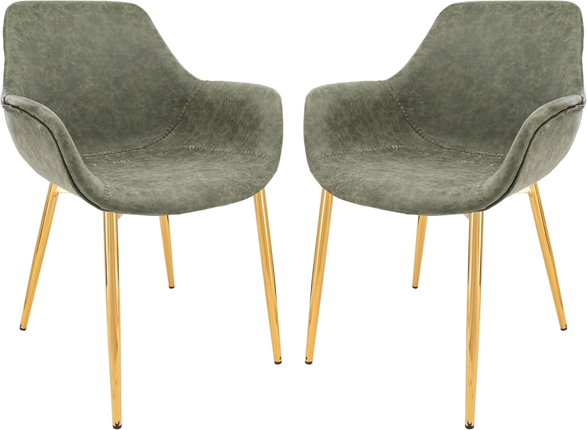 ECG26G2 Markley Modern Leather Dining Arm Chair with Gold Metal Legs, Olive Green - Set of 2