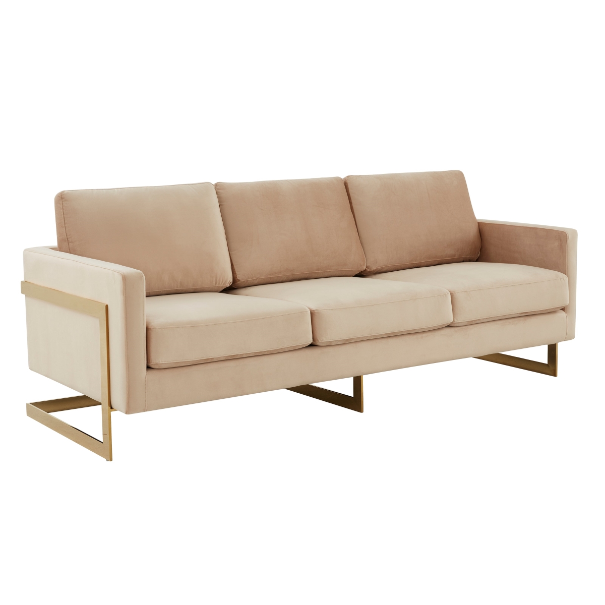 LA83BG Lincoln Modern Mid-Century Upholstered Velvet Sofa with Gold Frame, Beige