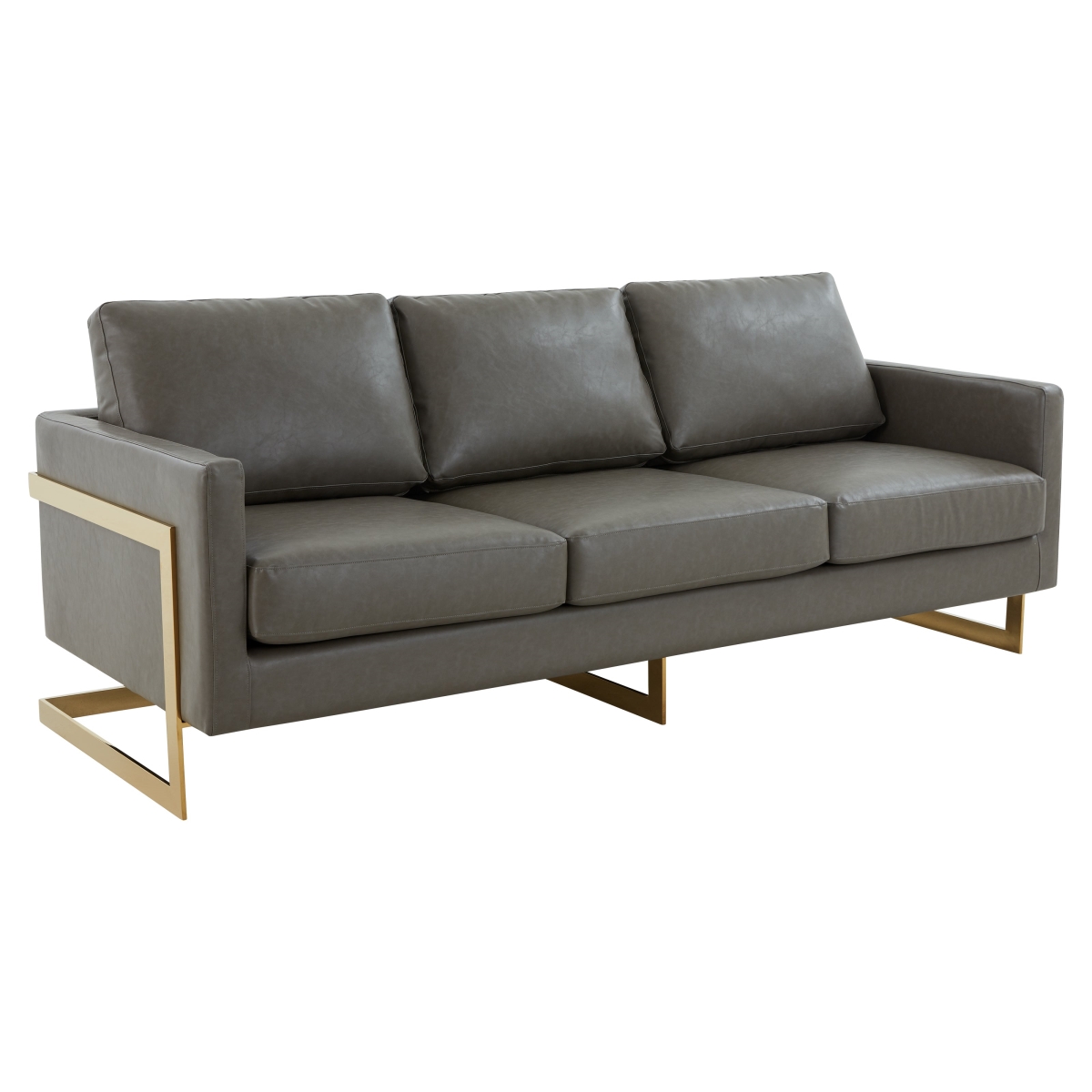LA83GR-L Lincoln Modern Mid-Century Upholstered Leather Sofa with Gold Frame, Gray