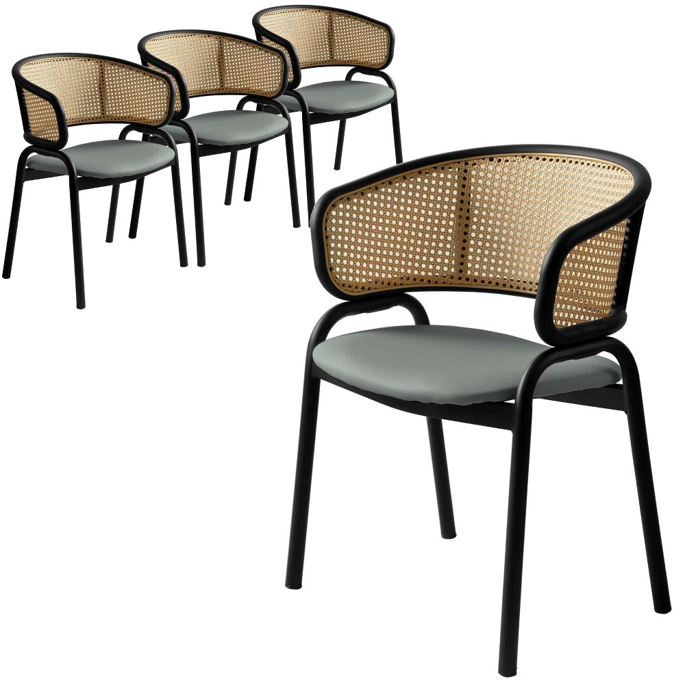 Ervilla Dining Arm Chair with Wicker Back and Leather Seat in Gray, 4PK