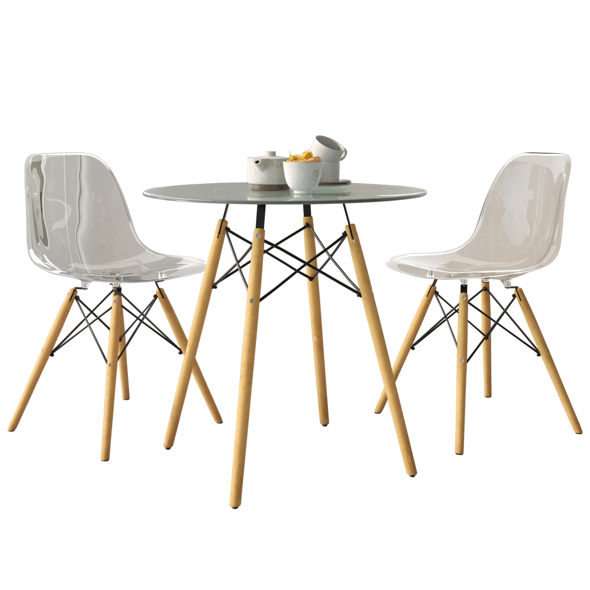 EP31CL-EP19CL2 3 Piece Dover Dining Set with Round Clear Glass Top Bistro Table & 2 Plastic Chairs, Clear