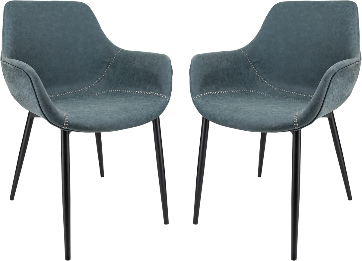 EC26BU2 Markley Modern Leather Dining Arm Chair with Metal Legs, Peacock Blue - Set of 2
