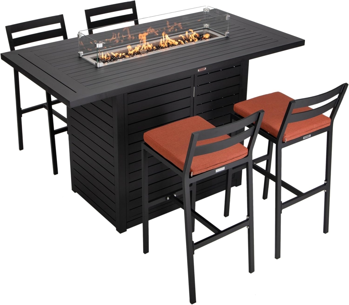 CBF68BL-CB40OR4 Chelsea Collection Aluminum Outdoor Dining Set with 1 Bar Height Fire Pit Table & 4 Bar Chair, Black with Orange Cushions