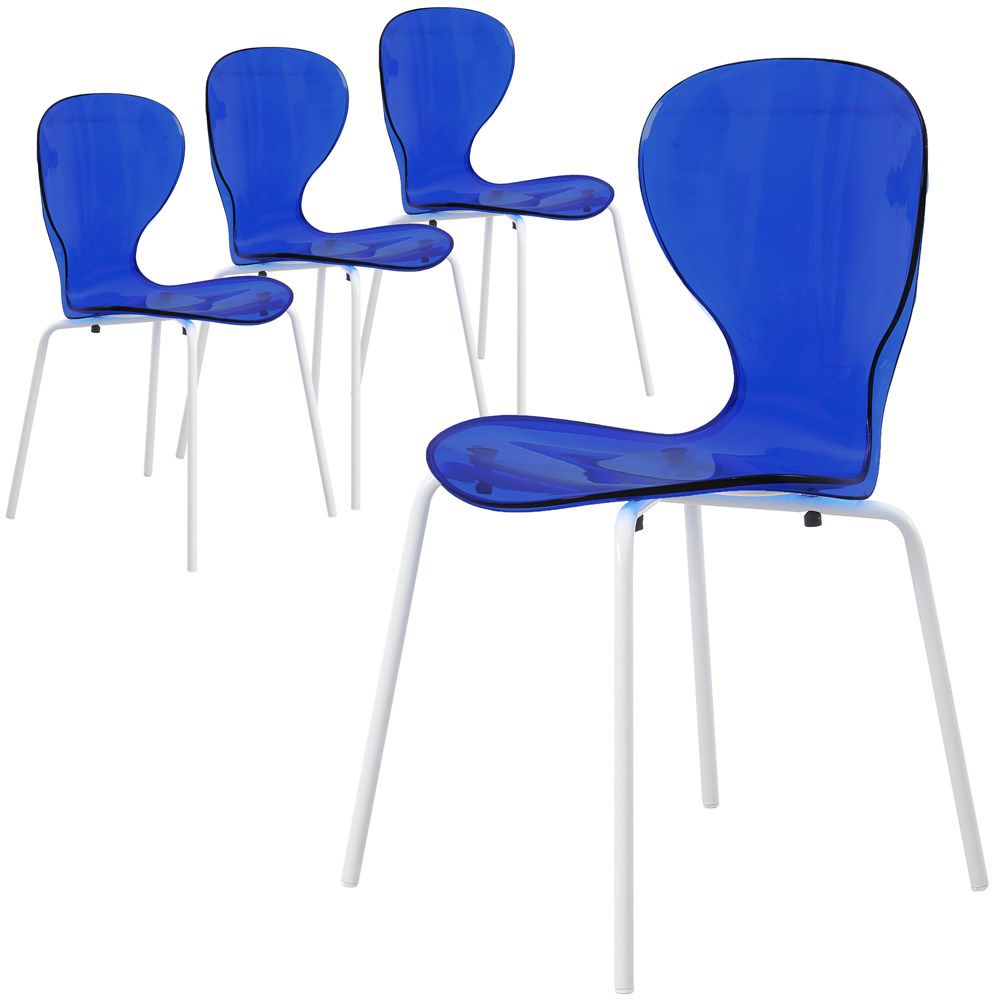 OCW-17TBU4 Modern Oyster Transparent Dining Side Chair with White Base, Blue - Set of 4