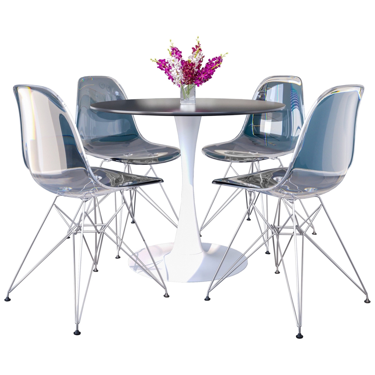 BTW-35BL-CR19CL4 5 Piece Bristol Dining Set with 35 in. Round Dining Table & White Iron 4 ABS Plastic Side Chair, Chrome & Clear