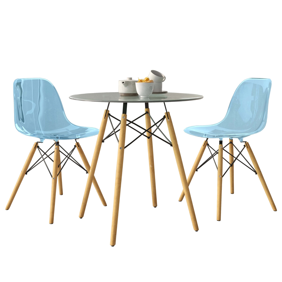 EP31CL-EP19BU2 3 Piece Dover Dining Set with Round Clear Glass Top Bistro Table & 2 Plastic Chairs, Blue