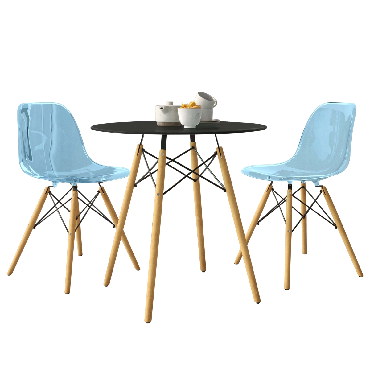 EP31BL-EP19BU2 3 Piece Dover Dining Set with Round Black MDF Top Bistro Table & 2 Plastic Chairs, Blue