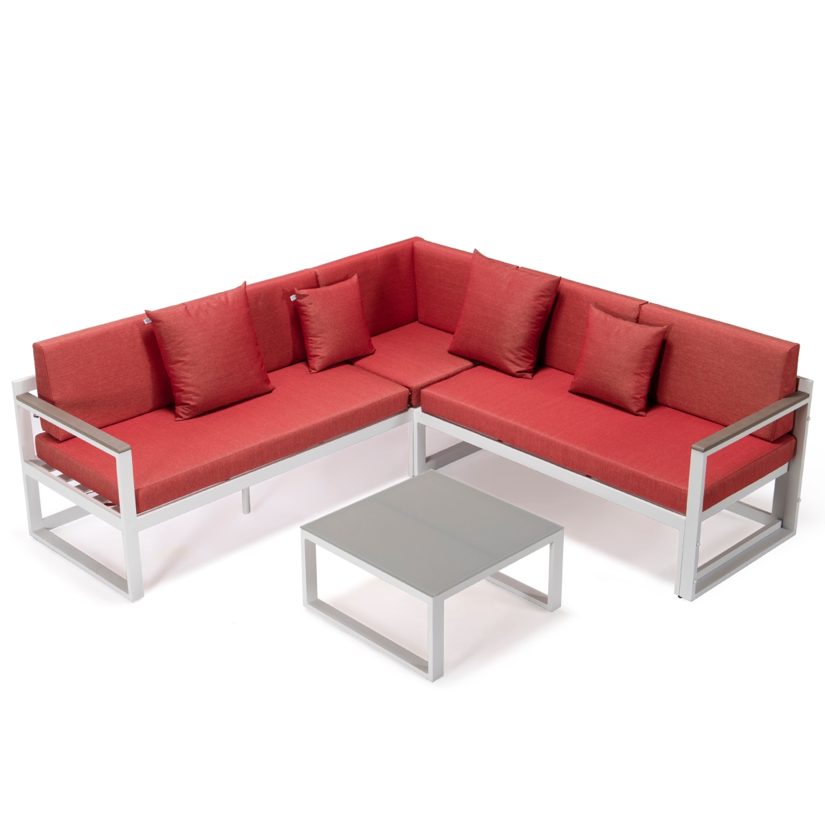 CSLW-80R Chelsea White Sectional with Adjustable Headrest & Coffee Table with Red Cushions