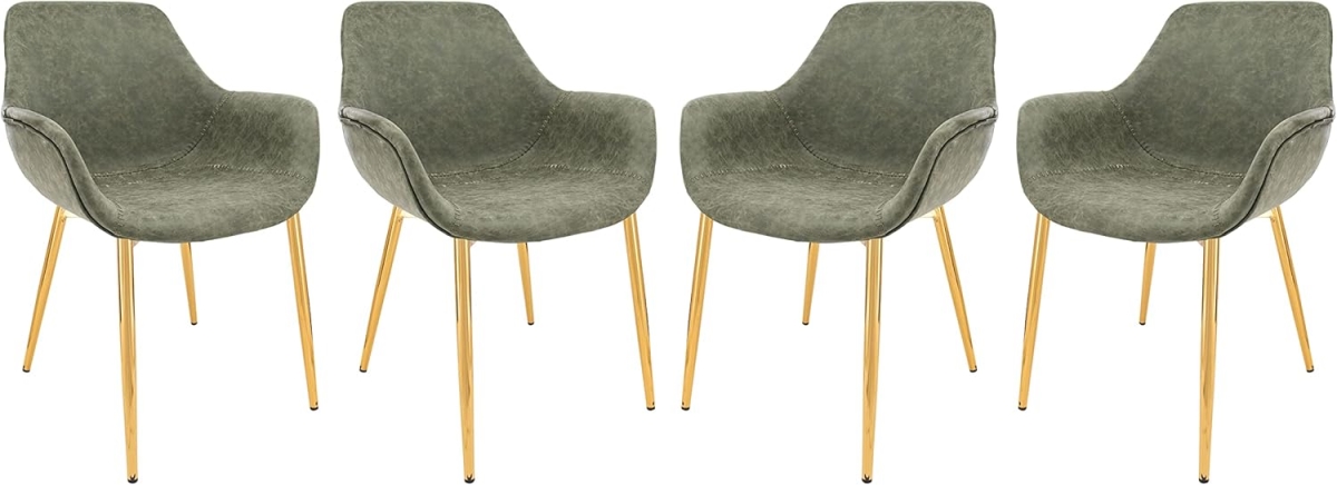 ECG26G4 Markley Modern Leather Dining Arm Chair with Gold Metal Legs, Olive Green - Set of 4