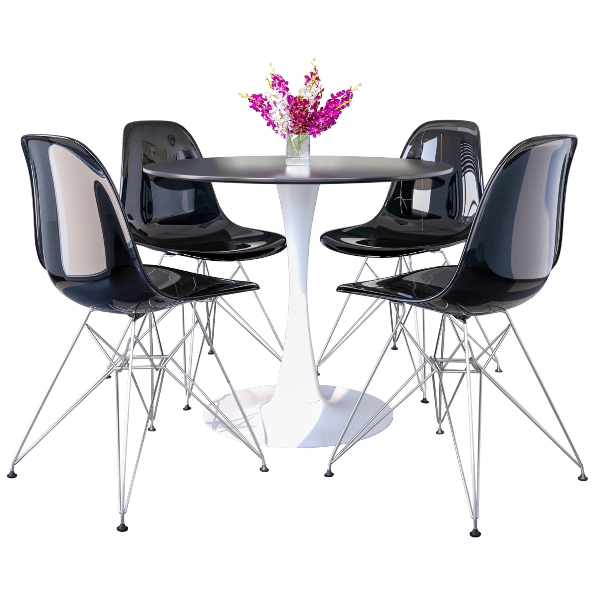 BTW-35BL-CR19TBL4 5 Piece Bristol Dining Set with 35 in. Round Dining Table & White Iron 4 ABS Plastic Side Chair, Chrome & Transparent Black
