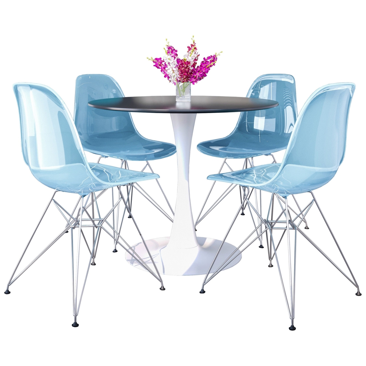 BTW-35BL-CR19TBU4 5 Piece Bristol Dining Set with 35 in. Round Dining Table & White Iron 4 ABS Plastic Side Chair, Chrome & Transparent Blue