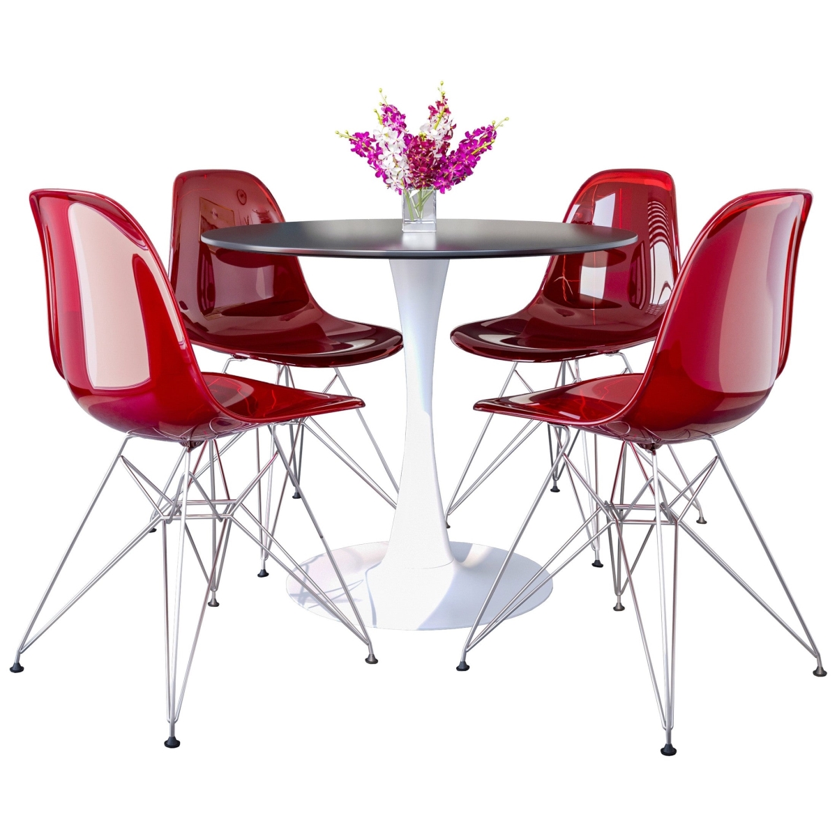 BTW-35BL-CR19TR4 5 Piece Bristol Dining Set with 35 in. Round Dining Table & White Iron 4 ABS Plastic Side Chair, Chrome & Transparent Red
