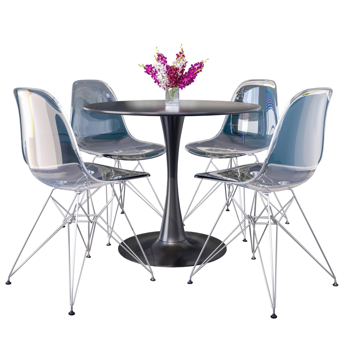 BTBL-35BL-CR19TR4 5 Piece Bristol Dining Set with 35 in. Round Dining Table & Black Iron 4 ABS Plastic Side Chair, Chrome & Transparent Red