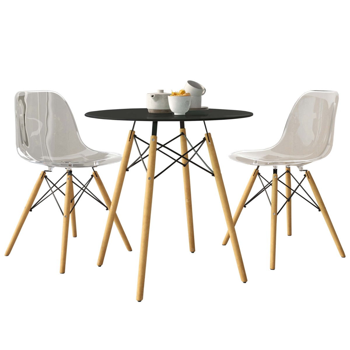 EP31BL-EP19CL2 3 Piece Dover Dining Set with Round Black MDF Top Bistro Table & 2 Plastic Chairs, Clear