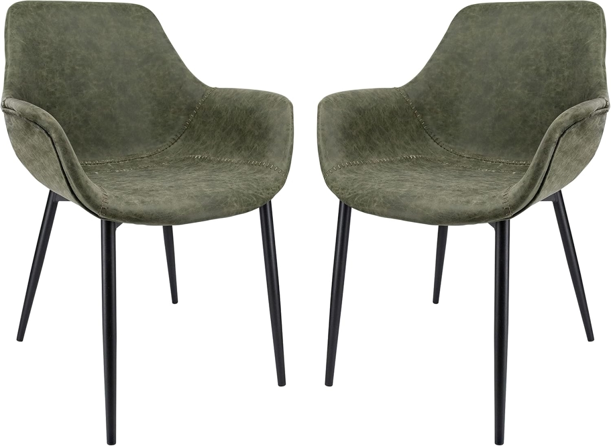 EC26G2 Markley Modern Leather Dining Arm Chair with Metal Legs, Olive Green - Set of 2