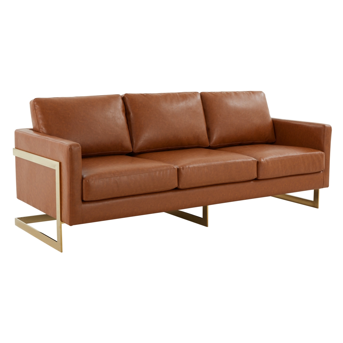LA83BR-L Lincoln Modern Mid-Century Upholstered Leather Sofa with Gold Frame, Cognac Tan
