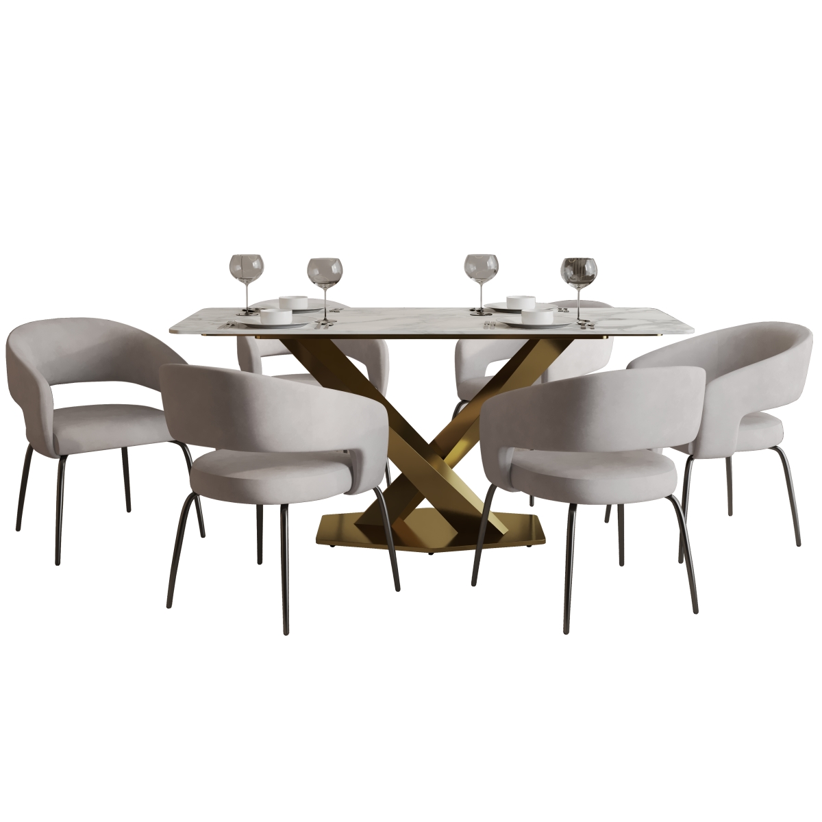 GDC52BG6-VTG71W Voren Dining Set with Sintered Stone Dining Table Gold Base & 6 Velvet Dining Chairs with Iron Base - 7 Piece