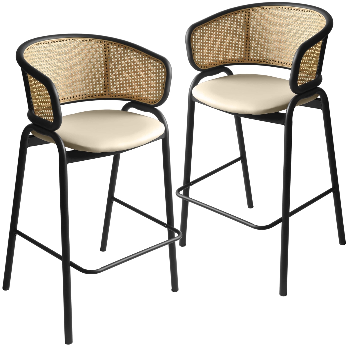 EBBL-31BG-L2 Ervilla Wicker Bar Stool with Fabric Seat & Black Steel Frame, Beige Leather - Set of 2