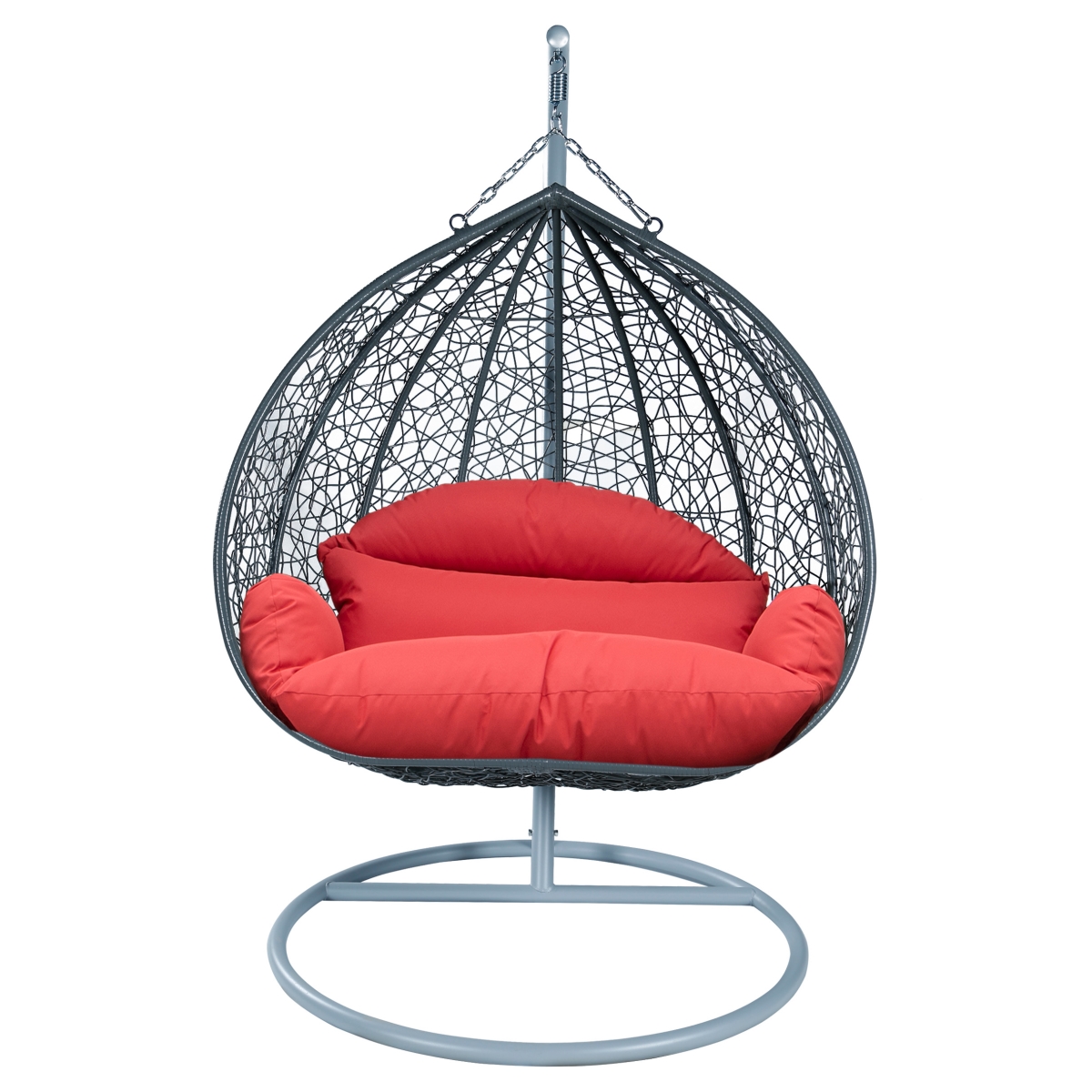 LeisureMod - Recluse Grey Wicker Hanging Egg Chair with Stand, Modern Indoor Outdoor Patio Swing, 440lb Capacity - Red