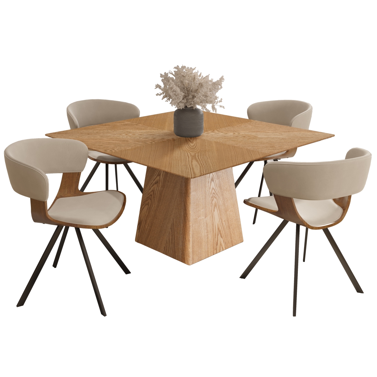 NCWN22LBR4-ZTNW48 Zephyr Dining Set with Square Wooden Table in Natural Wood & 4 Velvet Dining Chairs, Walnut & Light Brown Velvet - 5 Piece