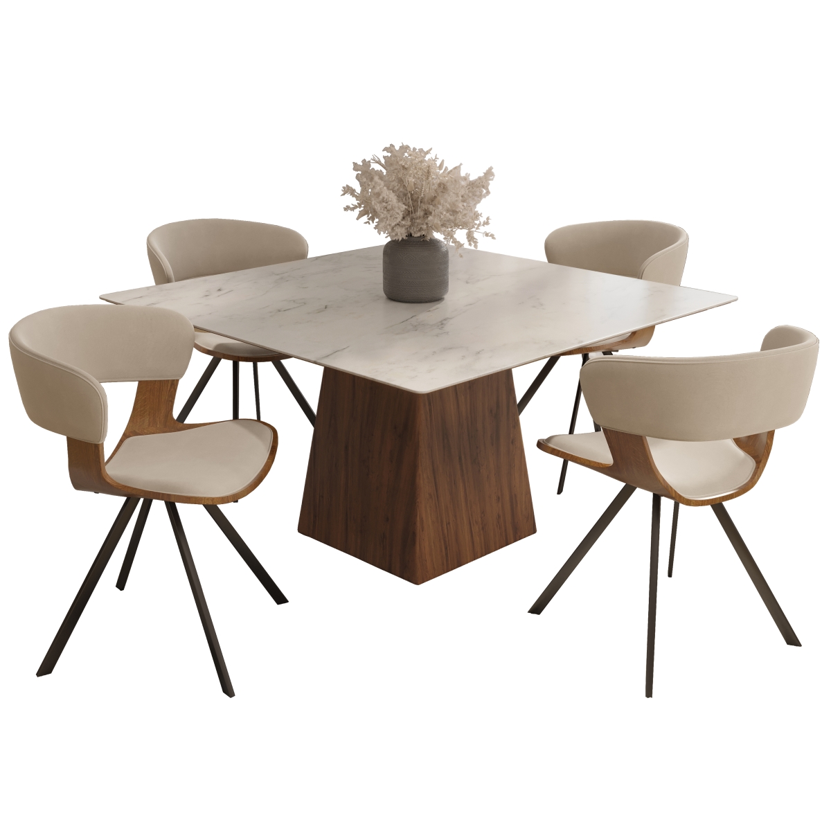 Zephyr Dining Set with Square Dining Table White Sintered Stone Top & 4 Velvet Dining Chairs, Walnut & Light Brown Velvet - 5 Piece