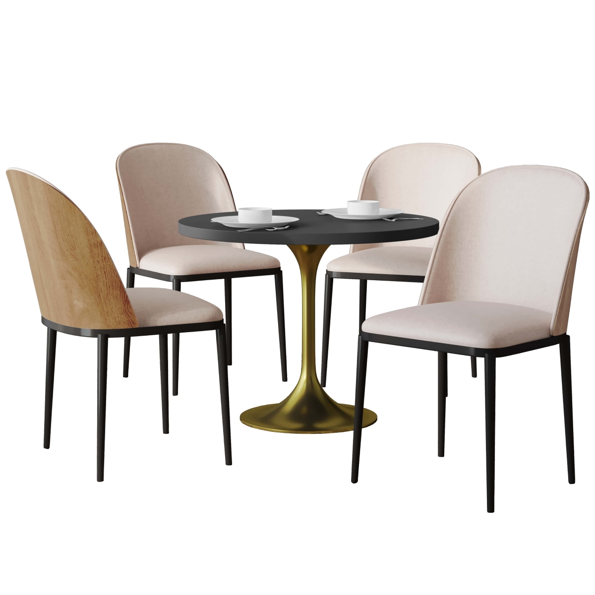 TCNW18BR4-VTBG36BLM Verve Dining Set with 36 in. Round MDF Top Table & 4 Velvet Dining Side Chairs in Natural Wood & Brown - 5 Piece