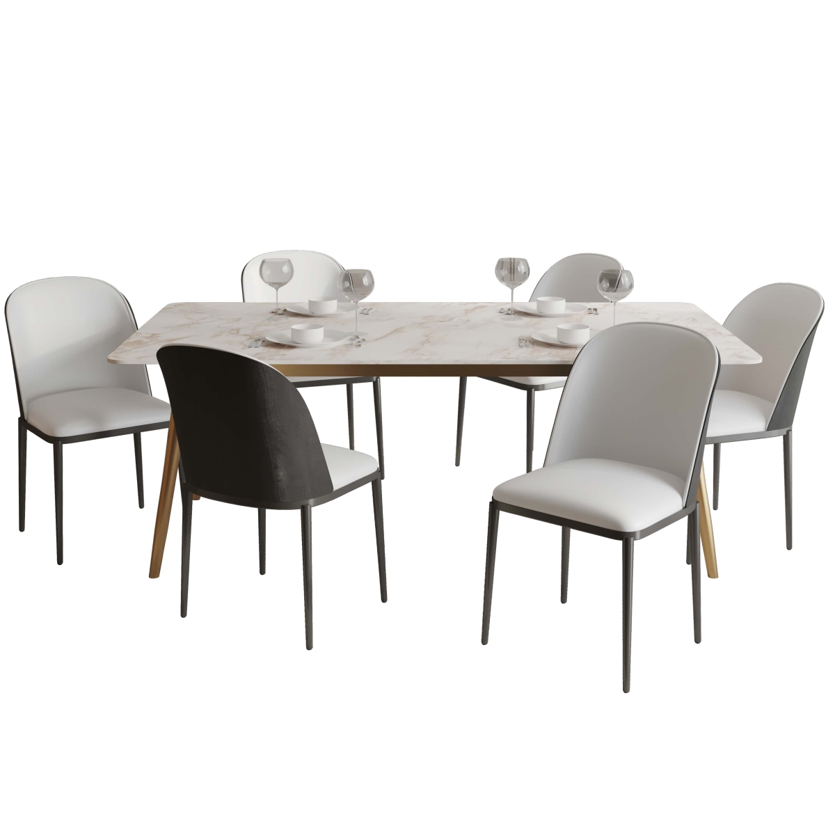 Zayle Dining Set with 55 in. Rectangular White Gray Sintered Stone Top Dining Table & 6 Leather Dining Chairs in Black & White - 7 Piece