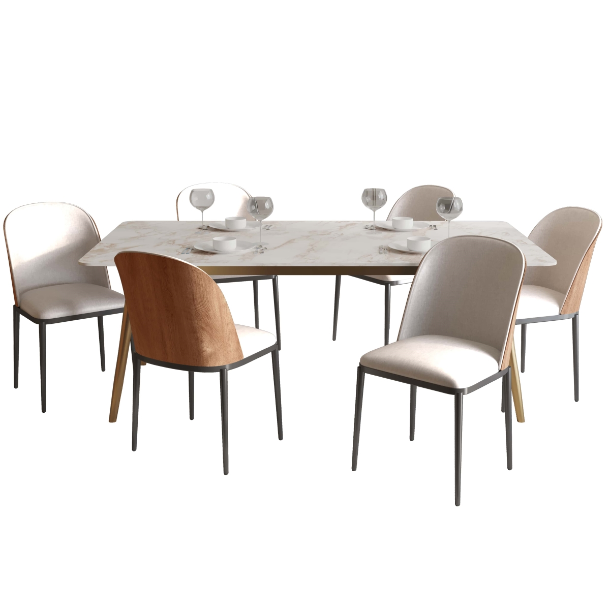 Zayle Dining Set with 55 in. Rectangular White Gray Sintered Stone Top Dining Table & 6 Velvet Dining Side Chairs in Natural Wood & Beige - 7 Piece